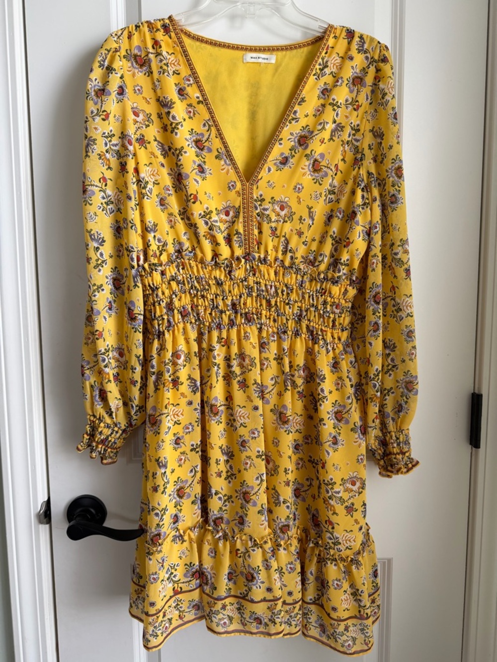 Max Studio Yellow Floral V-Neck Smocked Waist Dress